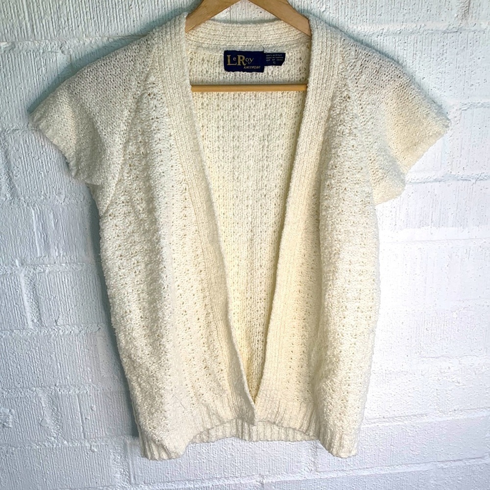 LeRoy Knitwear Vintage Acrylic Open Front Cream Knit Cardigan Sweaters sz S